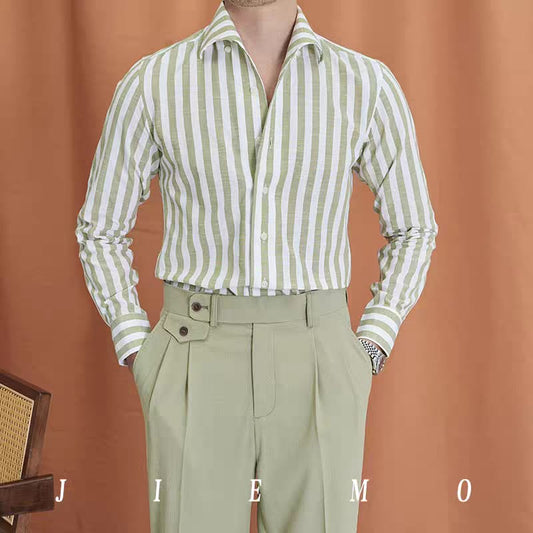 Men's Fashion Striped Pleated Textured Fabric Long Sleeve Shirt