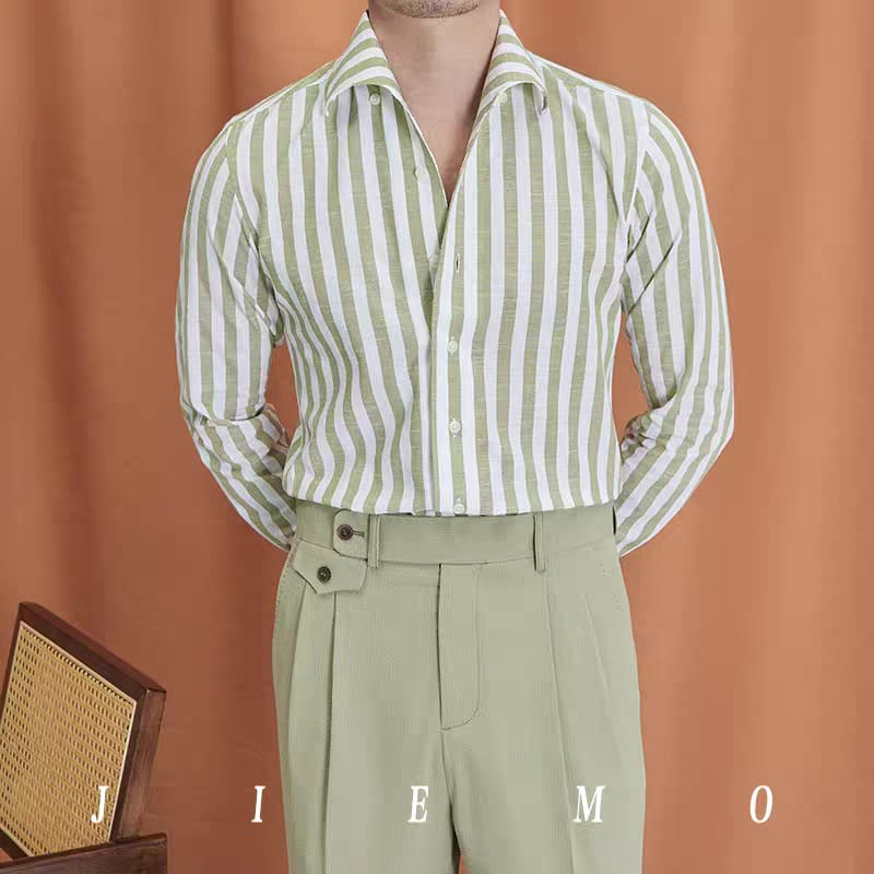 Men's Fashion Striped Pleated Textured Fabric Long Sleeve Shirt