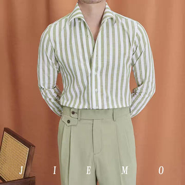 Men's Fashion Striped Pleated Textured Fabric Long Sleeve Shirt