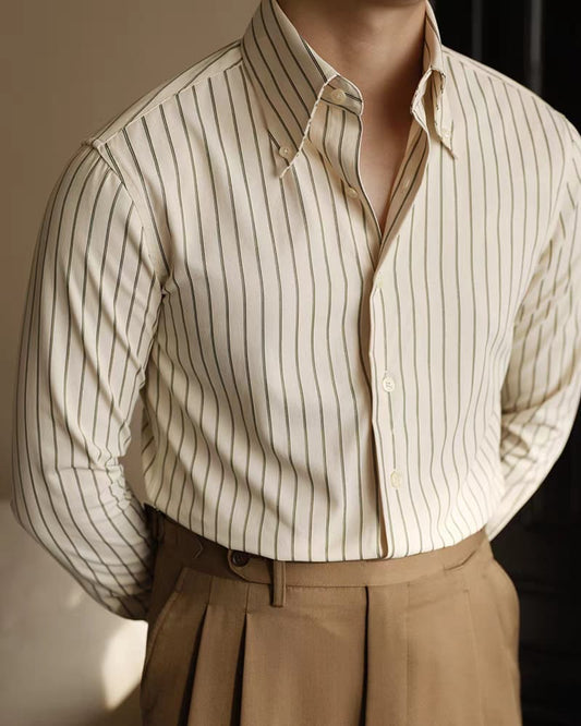 Men's Fashion Striped Pleated Textured Fabric Long Sleeve Shirt