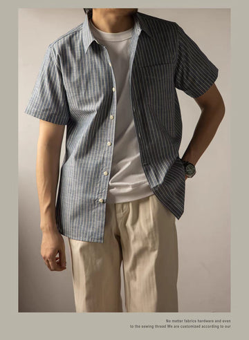 Men's Fashion Striped Pleated Textured Fabric Long Sleeve Shirt