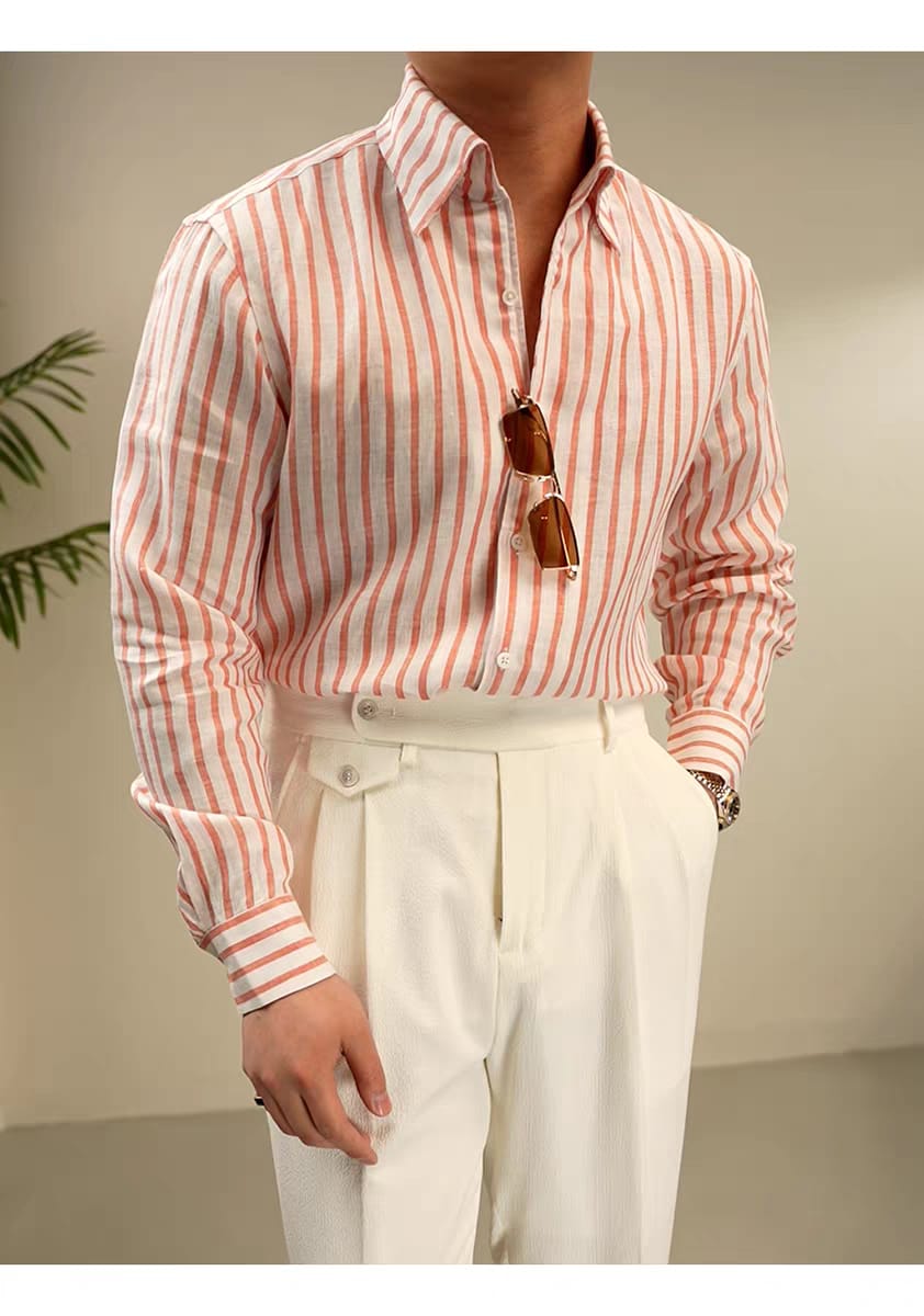 Men's Fashion Striped Pleated  Linen Shirt